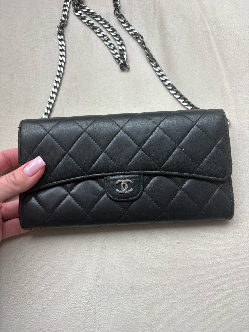 AUTHENTIC CHANEL GUSSET FLAP  BLACK QUILTED LEATHER WALLET ON CHAIN
